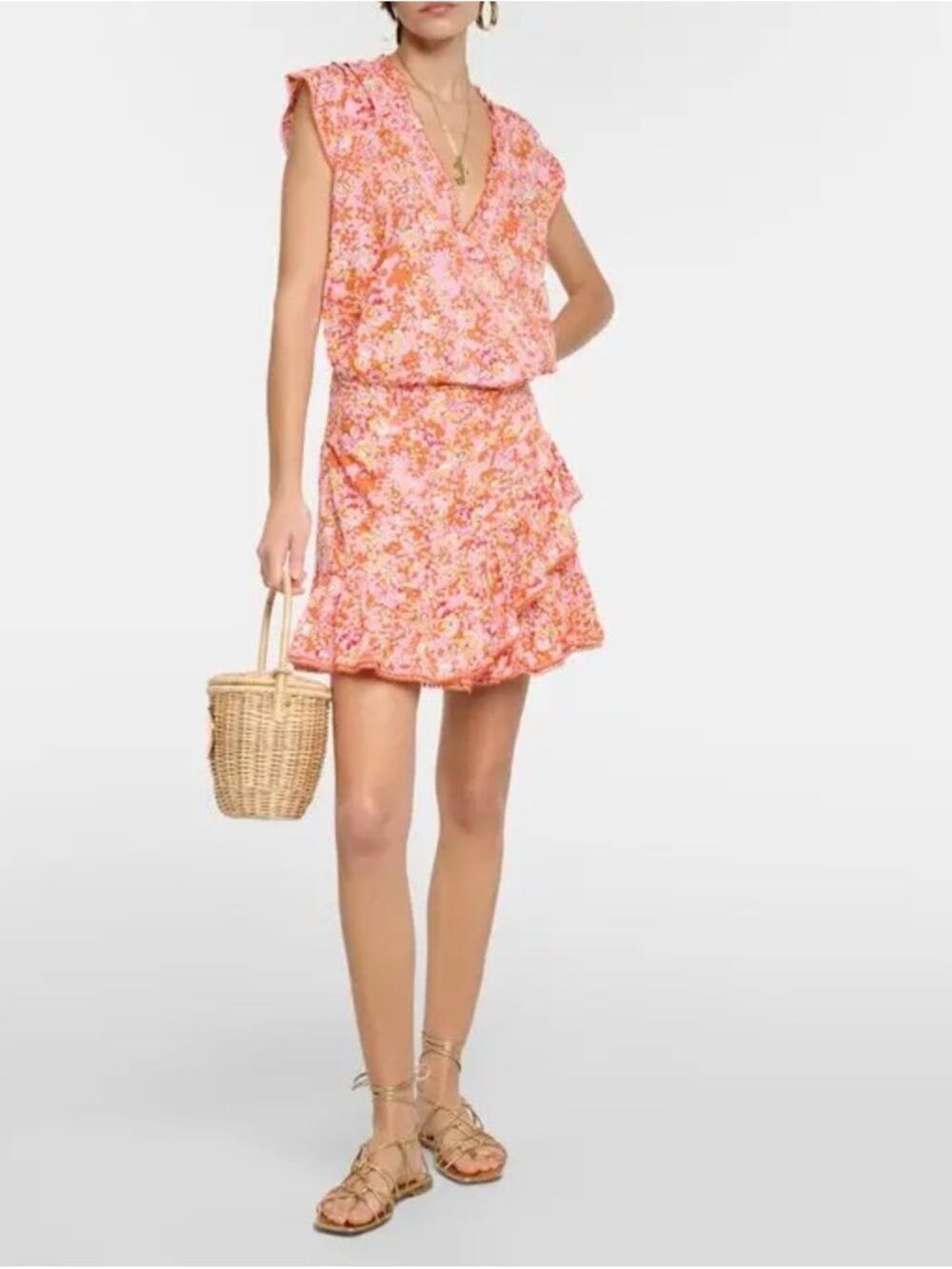 Poupette St Barth Estelle V Ruffled Floral Mini Dress - Orange Multi - Small